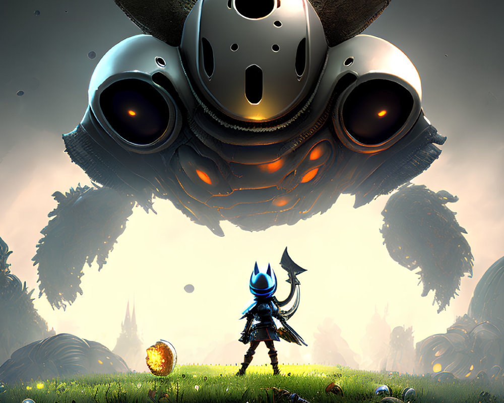 Stylized knight with blue cape faces giant robotic head in mystical field