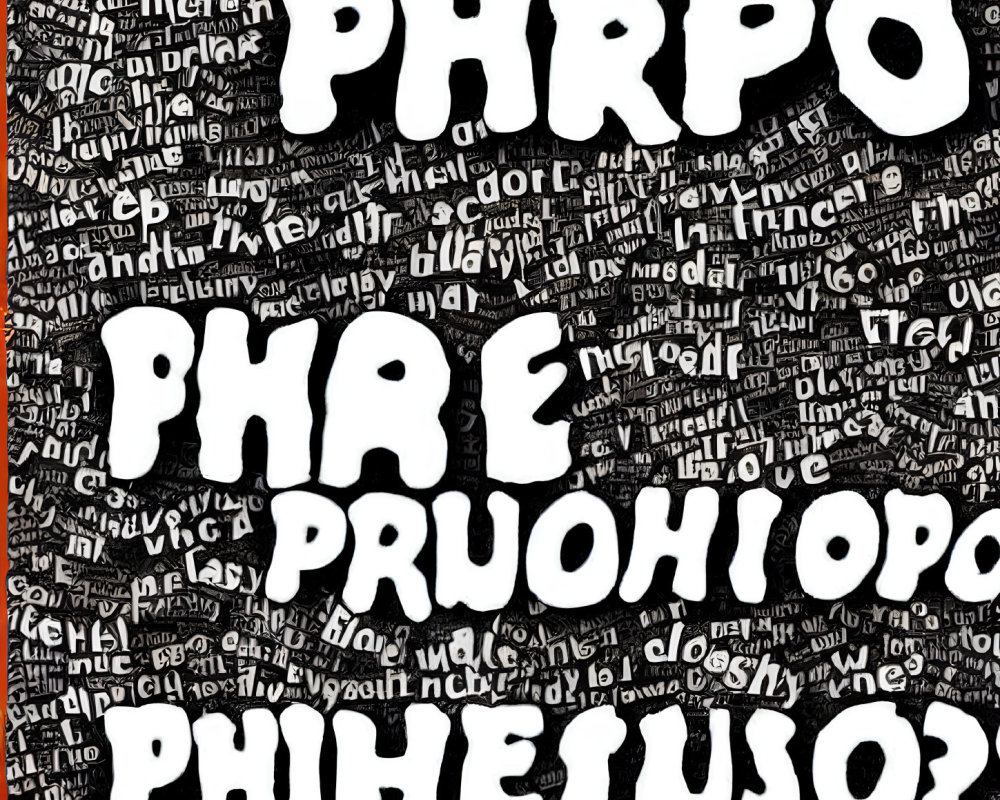 Abstract image with large bold "PHRPO" on chaotic background of jumbled text