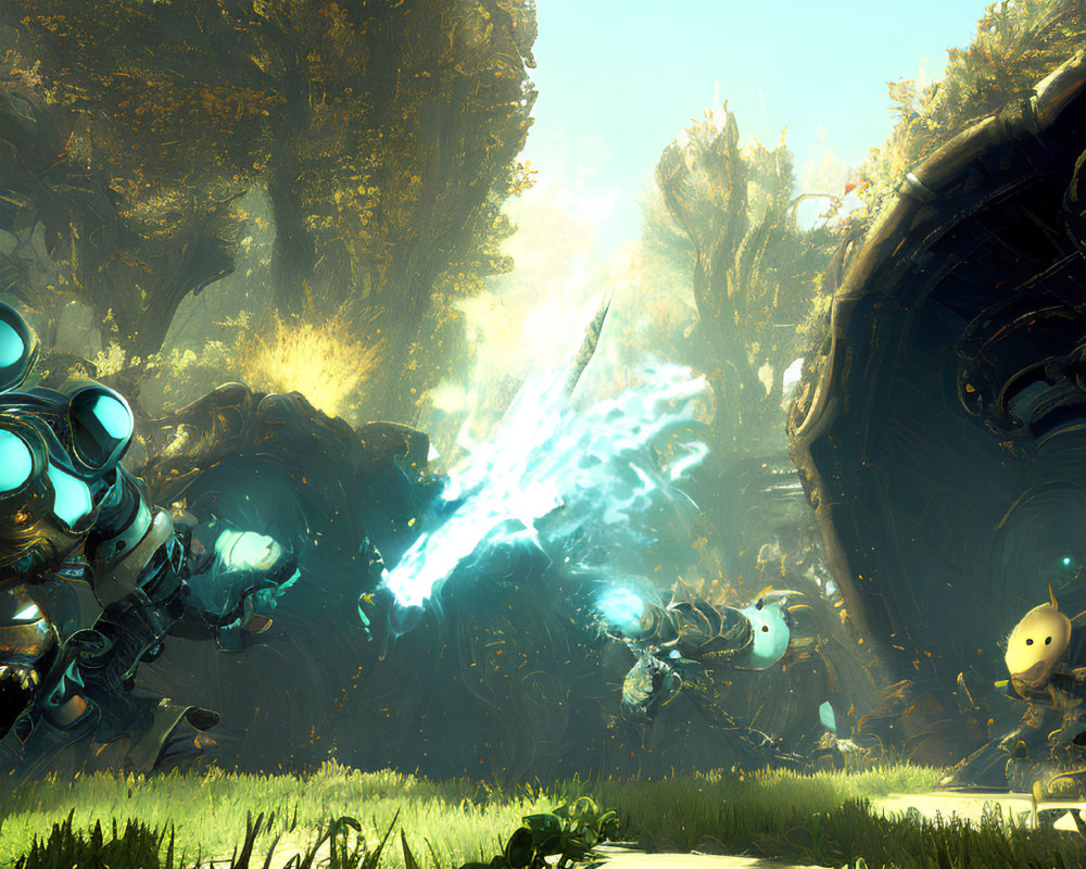 Armored figures in sci-fi scene with blue energy weapon in alien forest