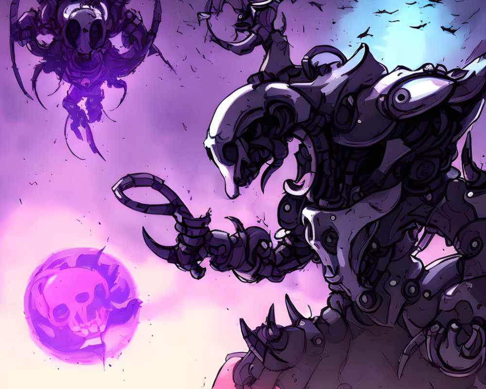 Colorful robotic creatures under purple and pink sky with skull-like orb