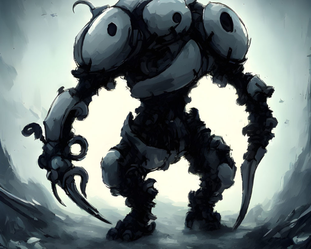 Menacing robot with multiple eyes and clawed appendages in dark, atmospheric painting