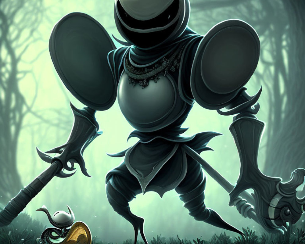 Armored warrior with insect-like features in misty forest setting