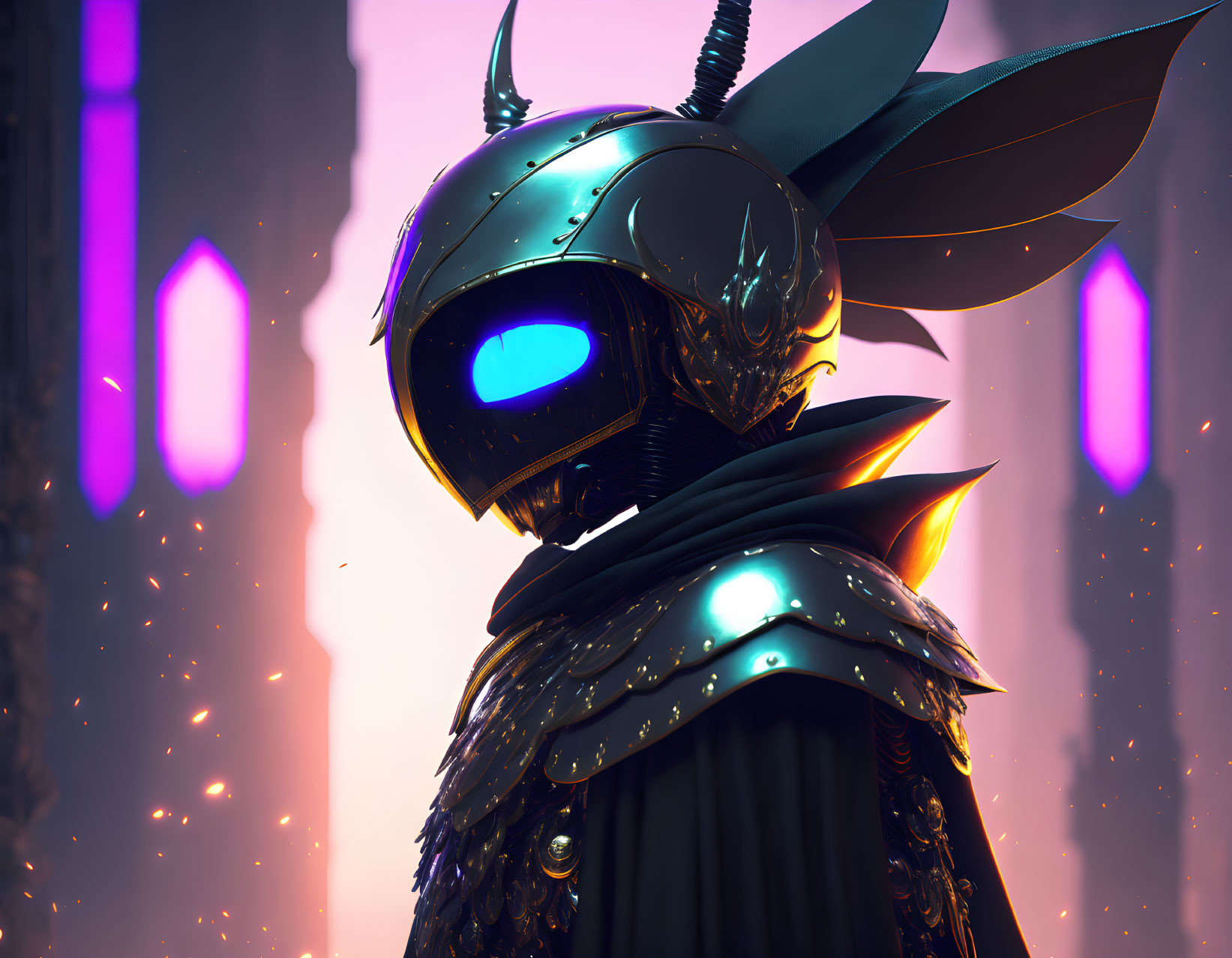 Futuristic knight in black and gold armor with glowing blue visor in urban setting