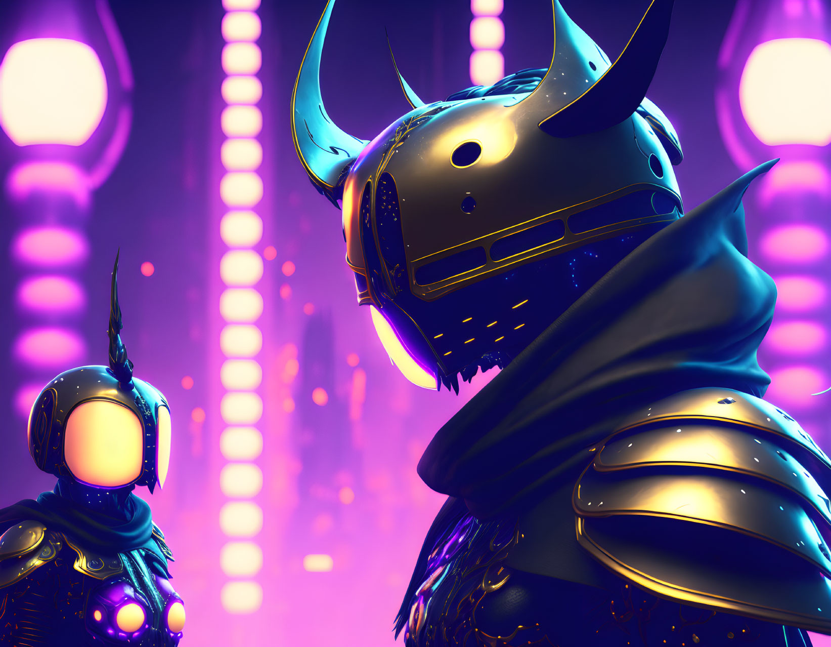 Futuristic knights in horned helmets against purple backdrop