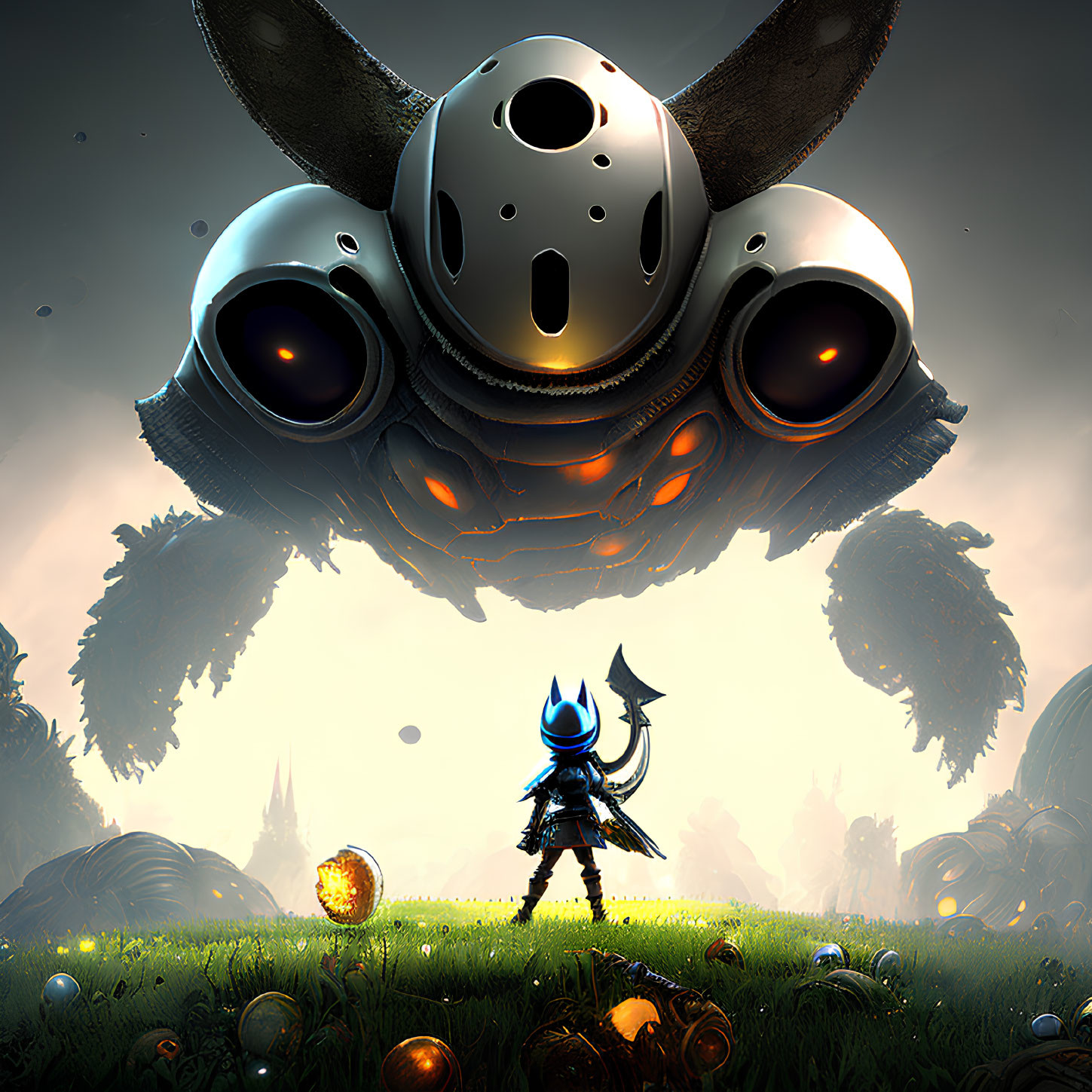 Stylized knight with blue cape faces giant robotic head in mystical field