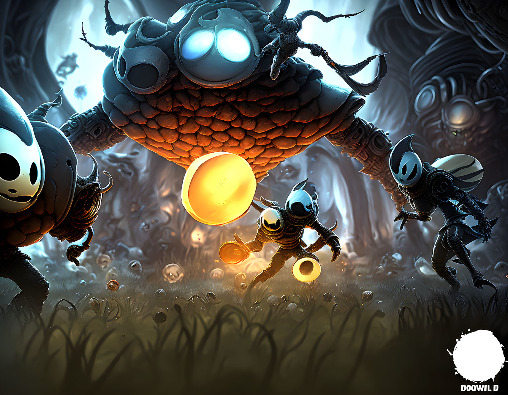 Stylized knight characters with insect-like features in surreal glowing environment