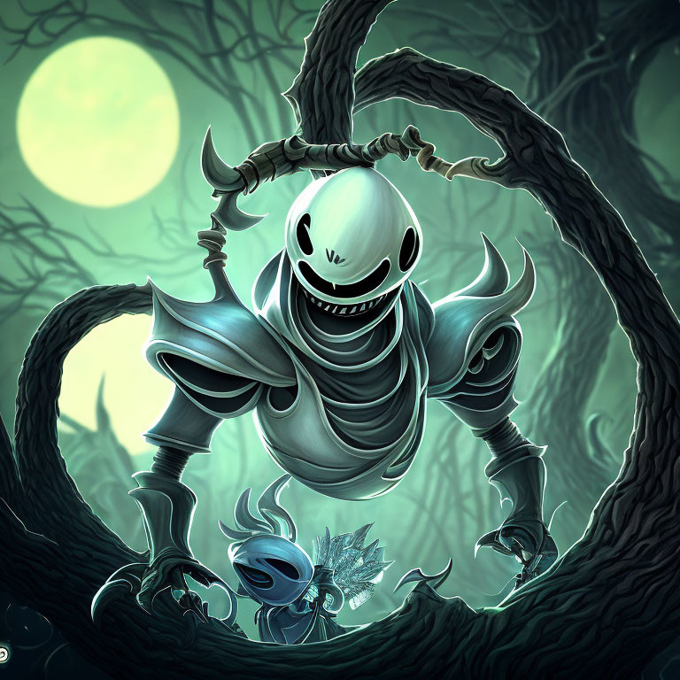 Knight-like character with horned helmet in twisted forest with blue companion