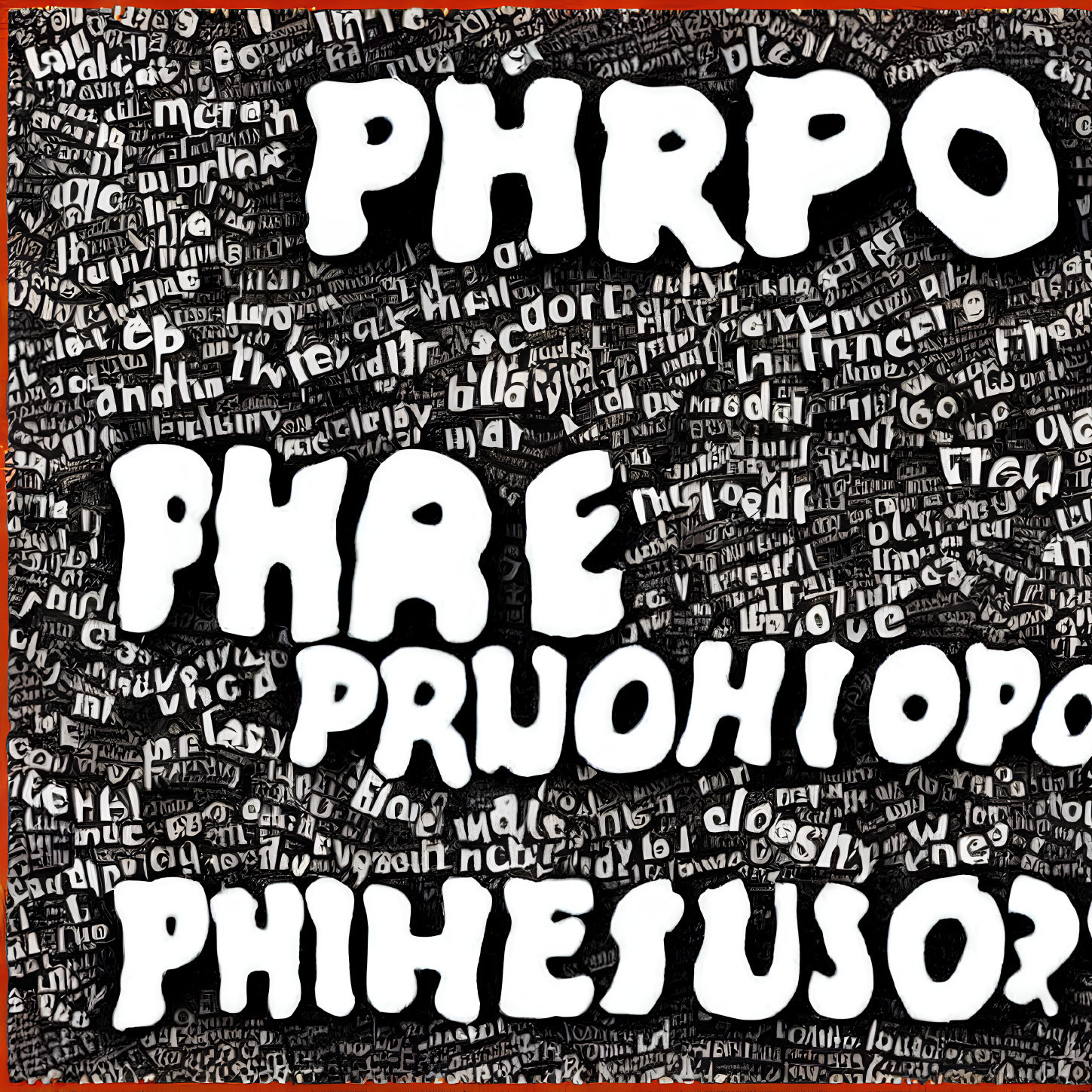 Abstract image with large bold "PHRPO" on chaotic background of jumbled text