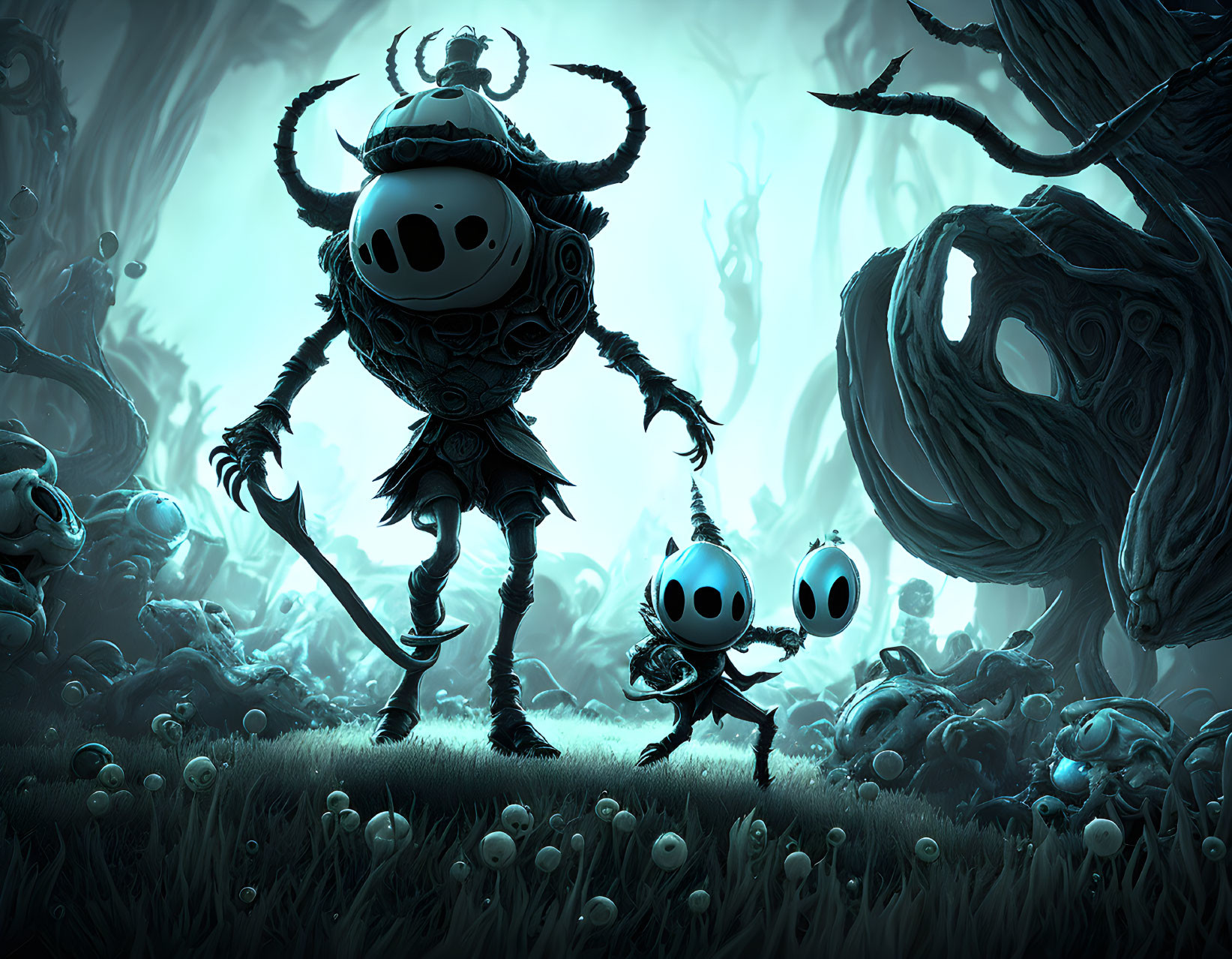 Cartoonish beetle creatures with masks in dark, mystical forest