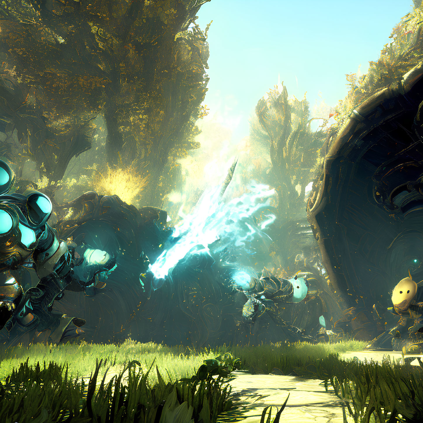 Armored figures in sci-fi scene with blue energy weapon in alien forest