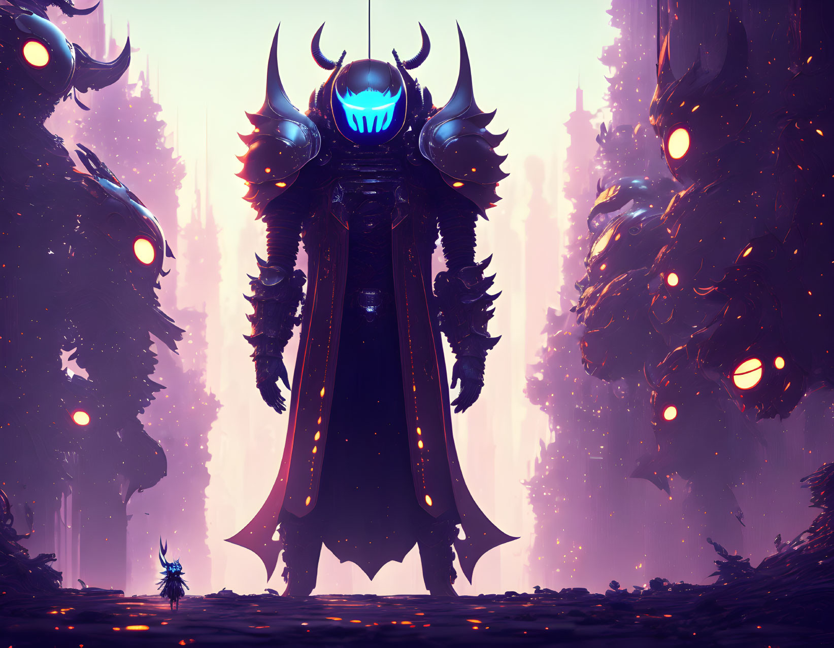 Armored figure with glowing blue visage in mystical forest with small warrior.