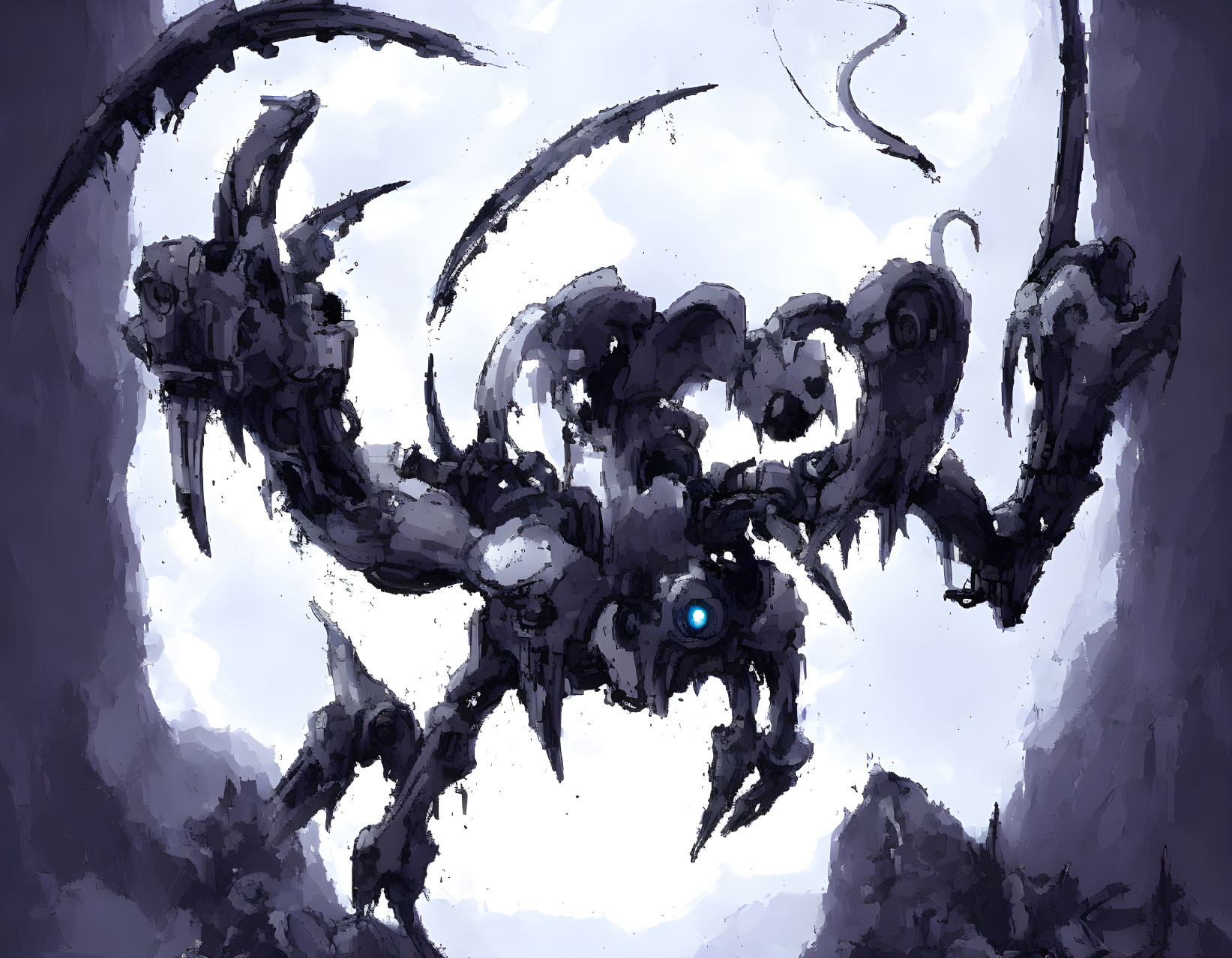 Menacing sci-fi robotic creature with glowing blue eye on hazy monochrome background