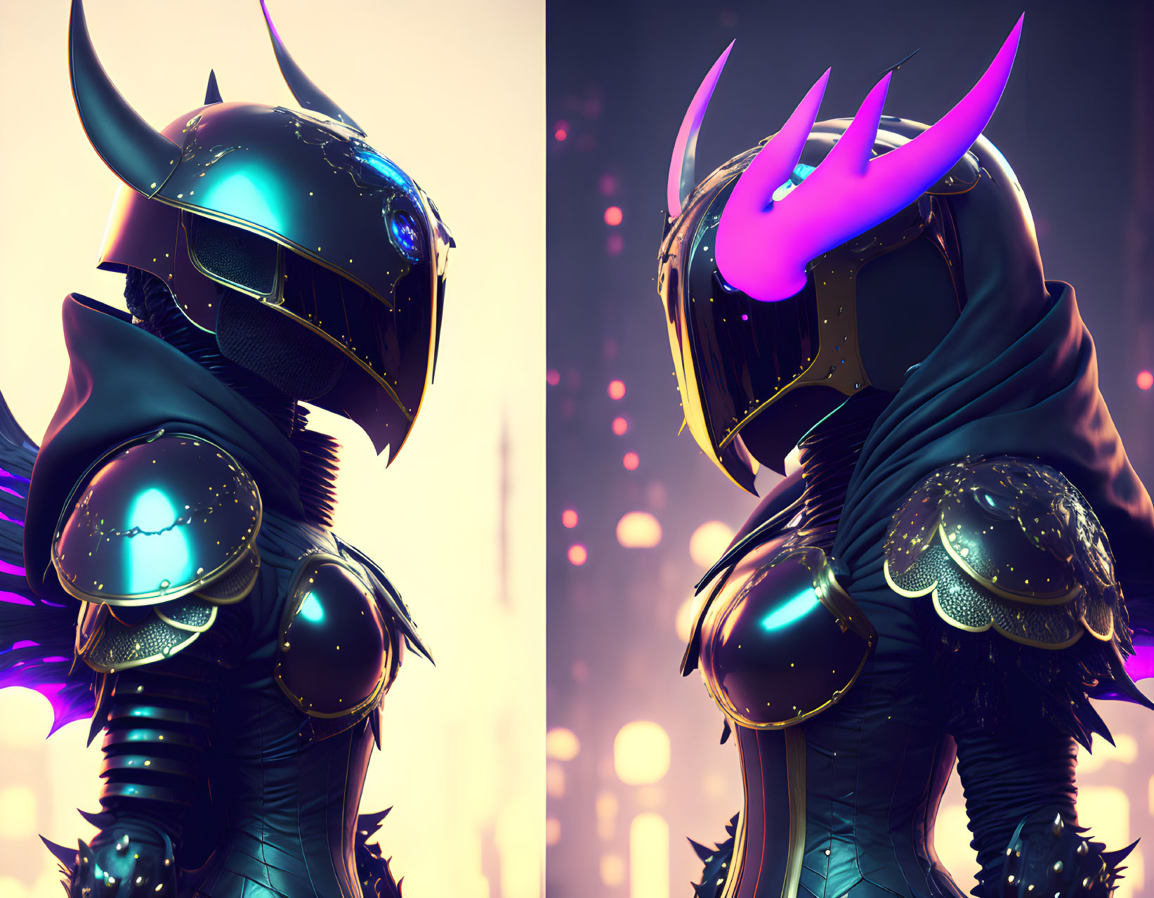 Glowing horned helmets on futuristic knights in blurred light