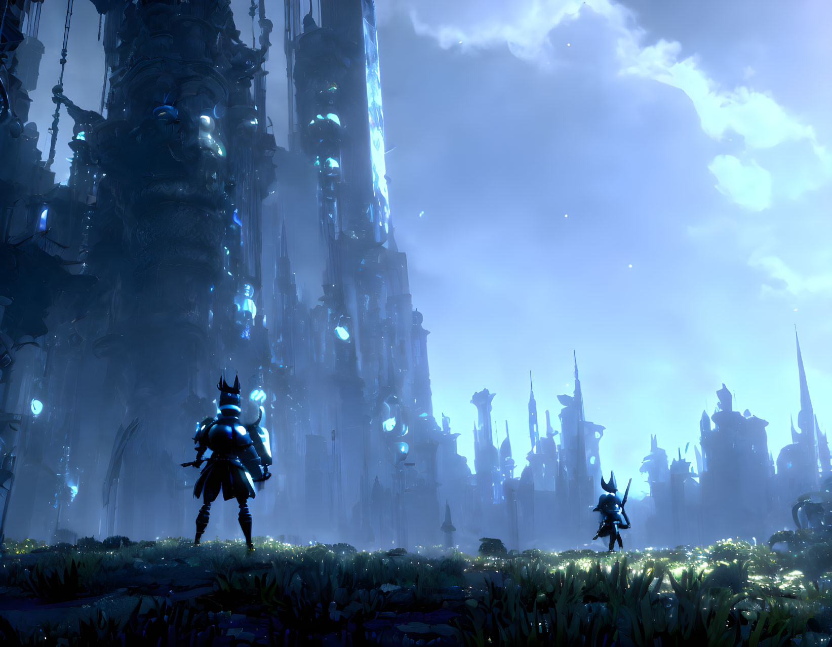 Fantasy landscape with armored figures, spires, glowing flora, and starry sky