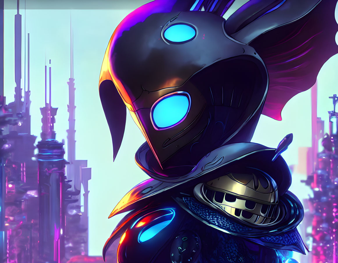 Futuristic knight in stylized armor with glowing blue eyes in cyberpunk cityscape