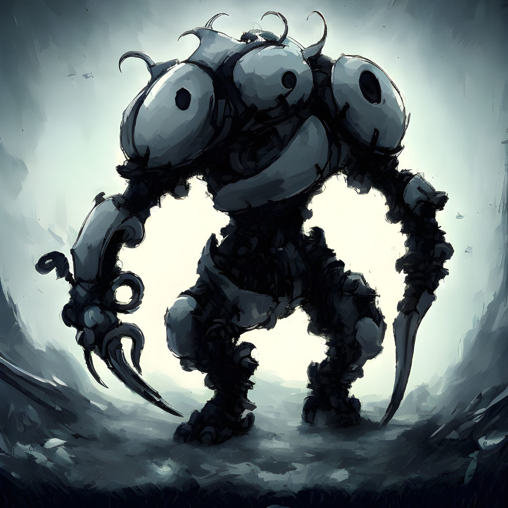 Menacing robot with multiple eyes and clawed appendages in dark, atmospheric painting