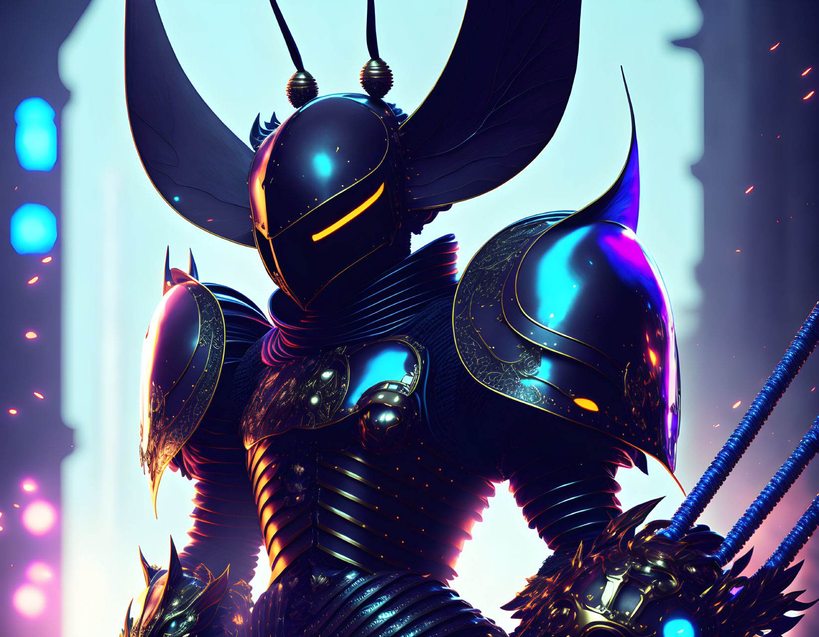 Armored warrior with insect-like helmet in futuristic setting