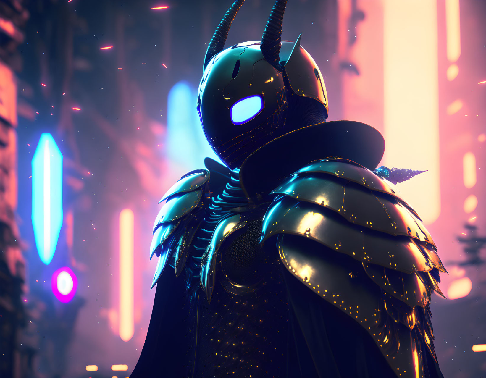 Futuristic knight in black armor with neon blue visor eyes amid pink and blue neon lights