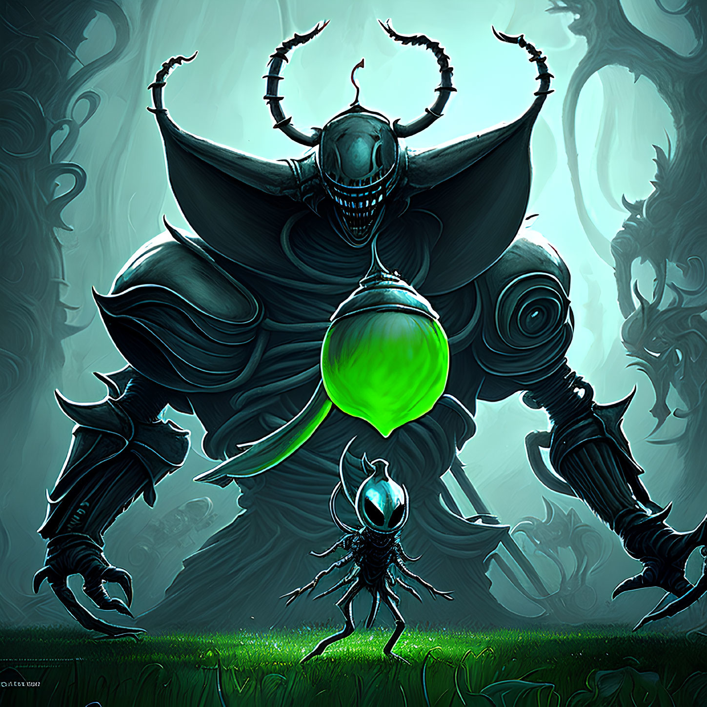 Illustration of menacing armored figure and creature in misty forest