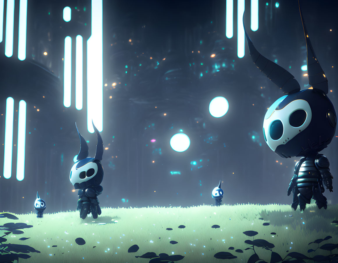 Masked insect-like characters in mystical forest with glowing orbs and neon towers