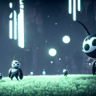 Masked insect-like characters in mystical forest with glowing orbs and neon towers