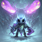 Armored alien creature with purple eyes and wings in misty setting