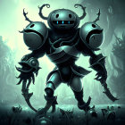 Armored warrior with insect-like features in misty forest setting