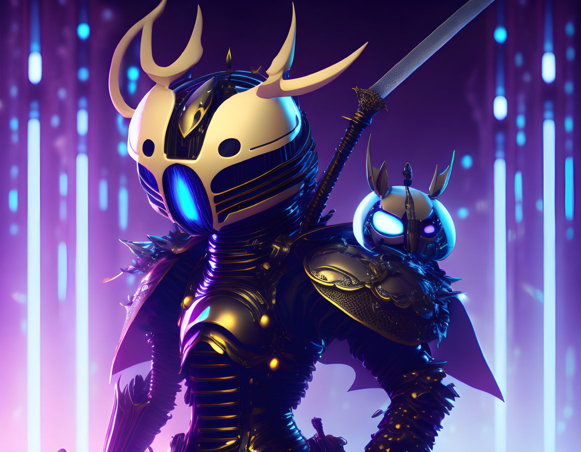 Detailed futuristic knight in black and gold armor with sword and robotic creature under purple neon lights