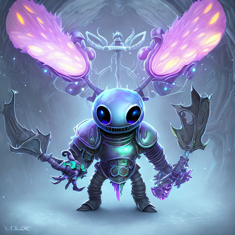 Armored alien creature with purple eyes and wings in misty setting