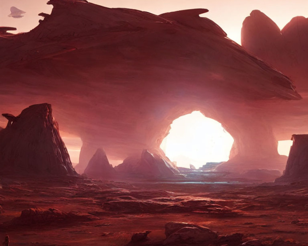 Barren alien landscape with natural arch, figure, and red rocks