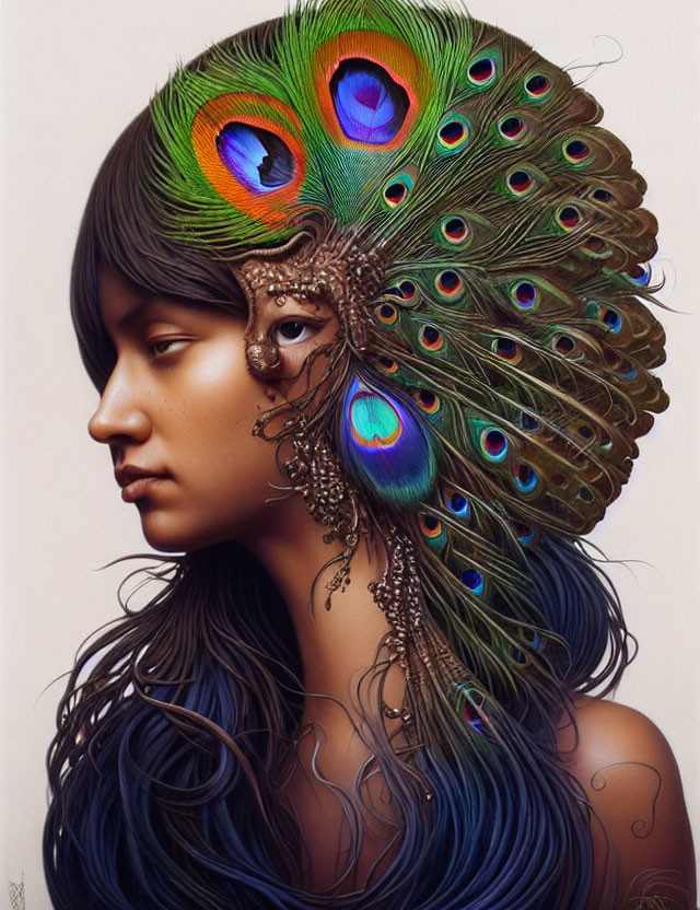 Profile of woman with colorful peacock feather headdress blending into dark hair