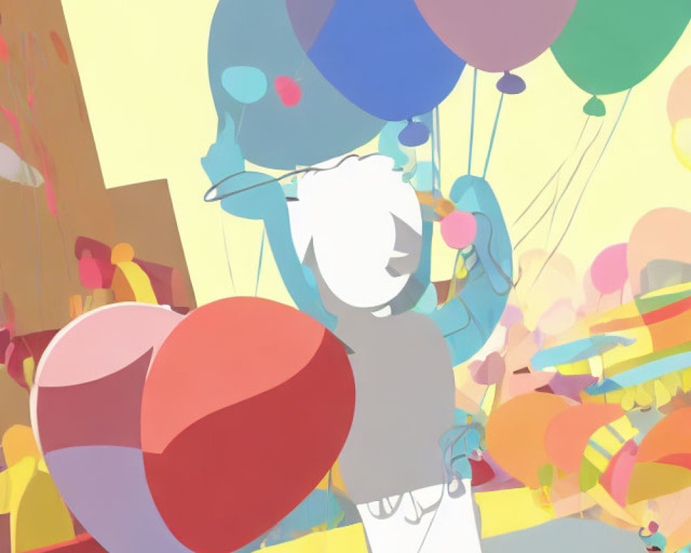 Vibrant illustration of person with balloons in whimsical setting
