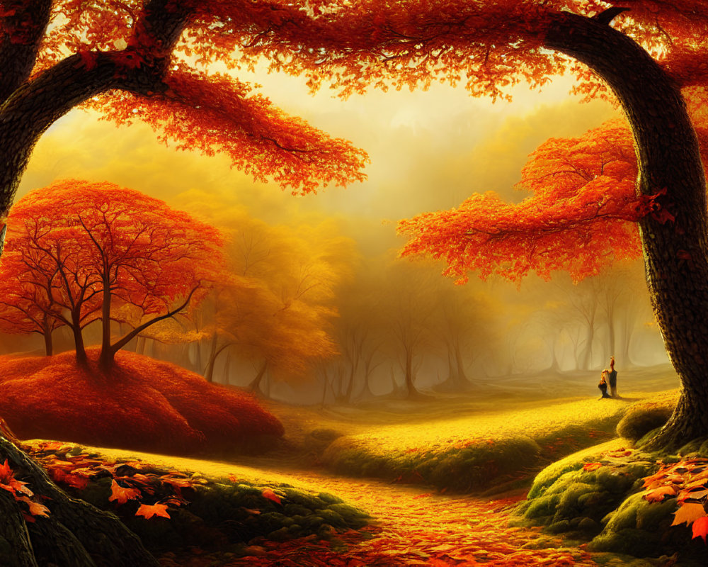 Vibrant autumn forest scene with misty background and person sitting under tree