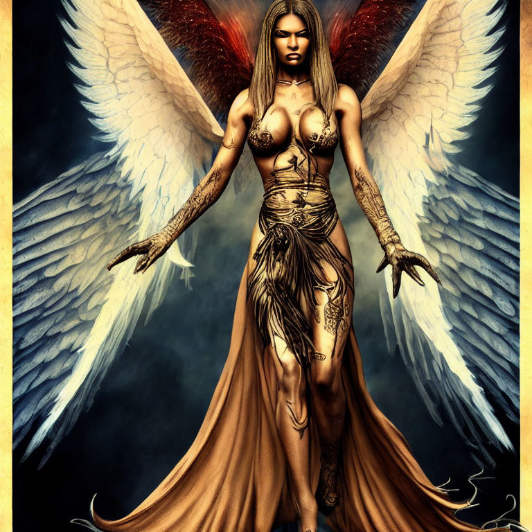 Fantasy figure with white wings, golden armor, and tattoos on dark background