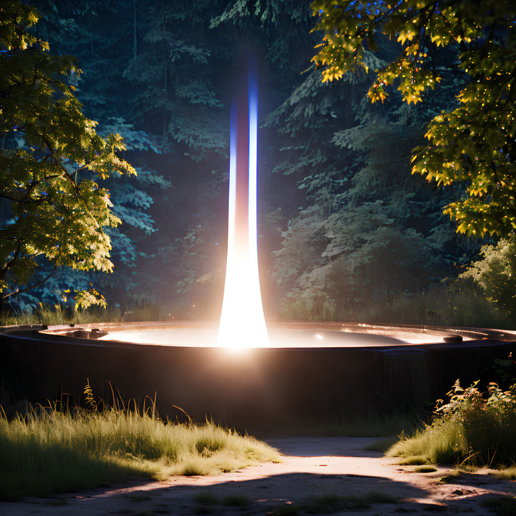 Vertical Beam of Light Illuminating Forest Clearing at Dusk