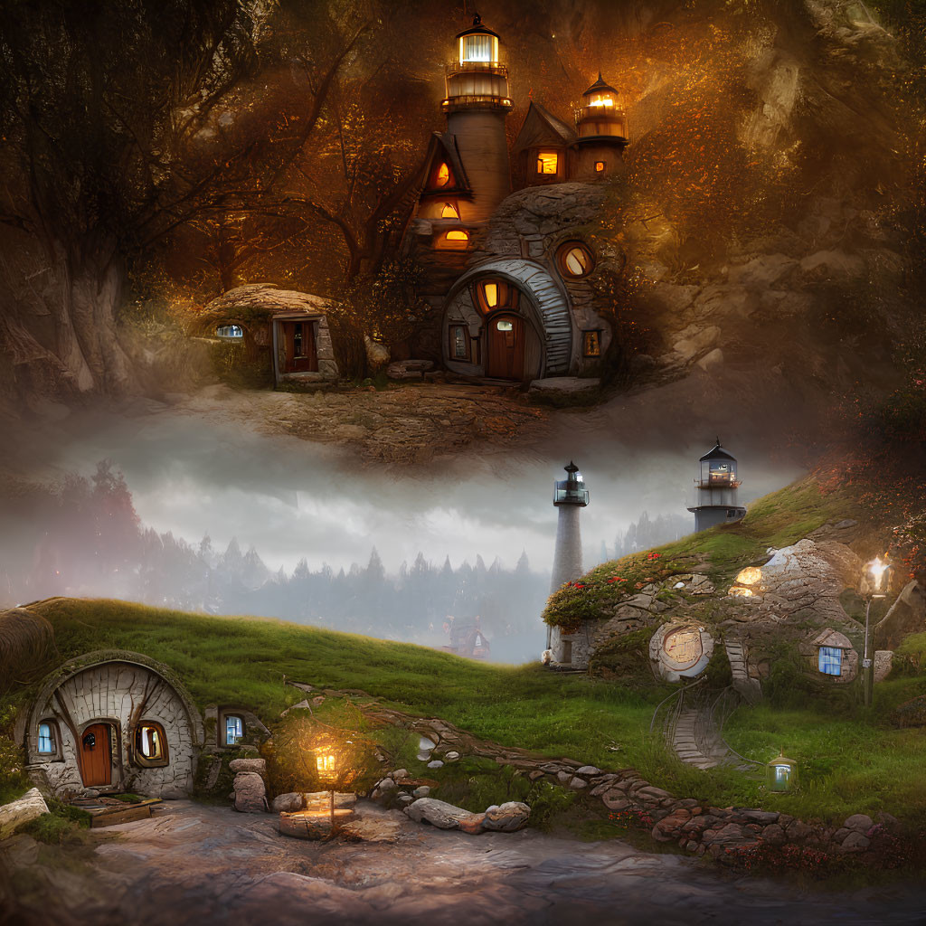 Fantasy composite image: Cozy village with lighthouse-style houses, autumn trees, river