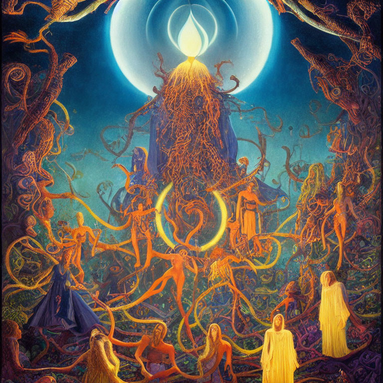 Artwork featuring human-like figures with flowing hair entwined with tree roots under a glowing blue moon