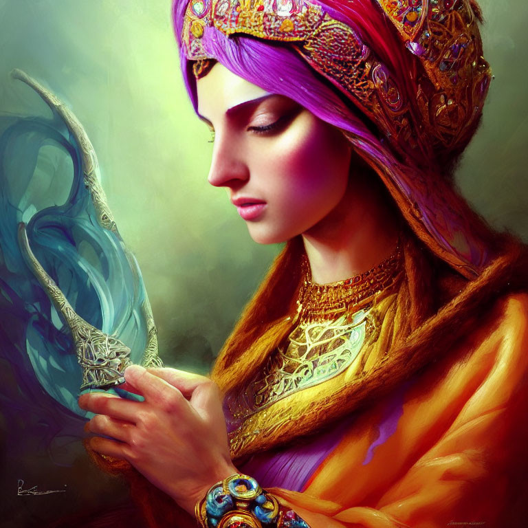 Regal woman with purple headscarf and tiara holding flaming torch