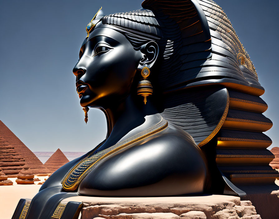 Digital artwork featuring Egyptian pharaoh statue with gold jewelry and pyramids in the background