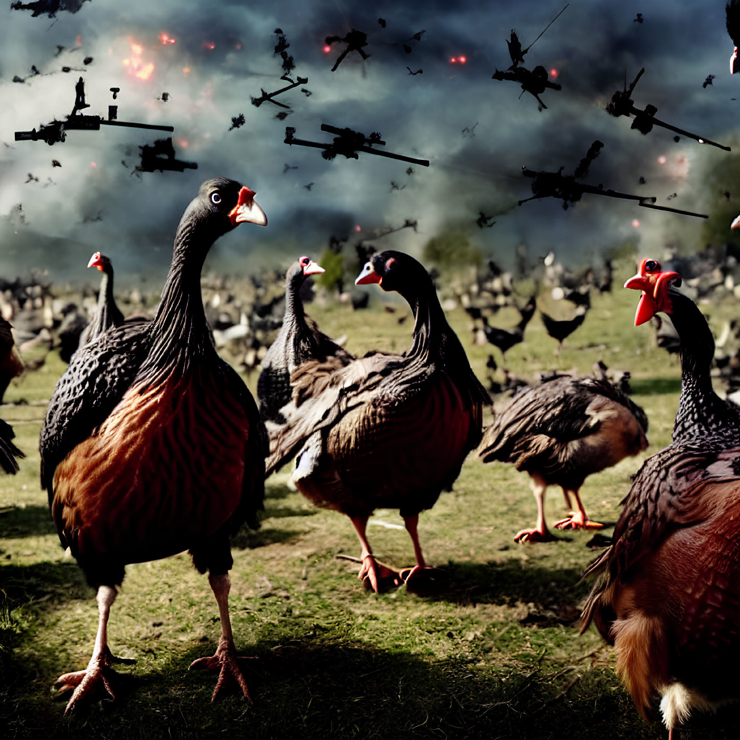 Oversized animated chickens in grassy field with military helicopters