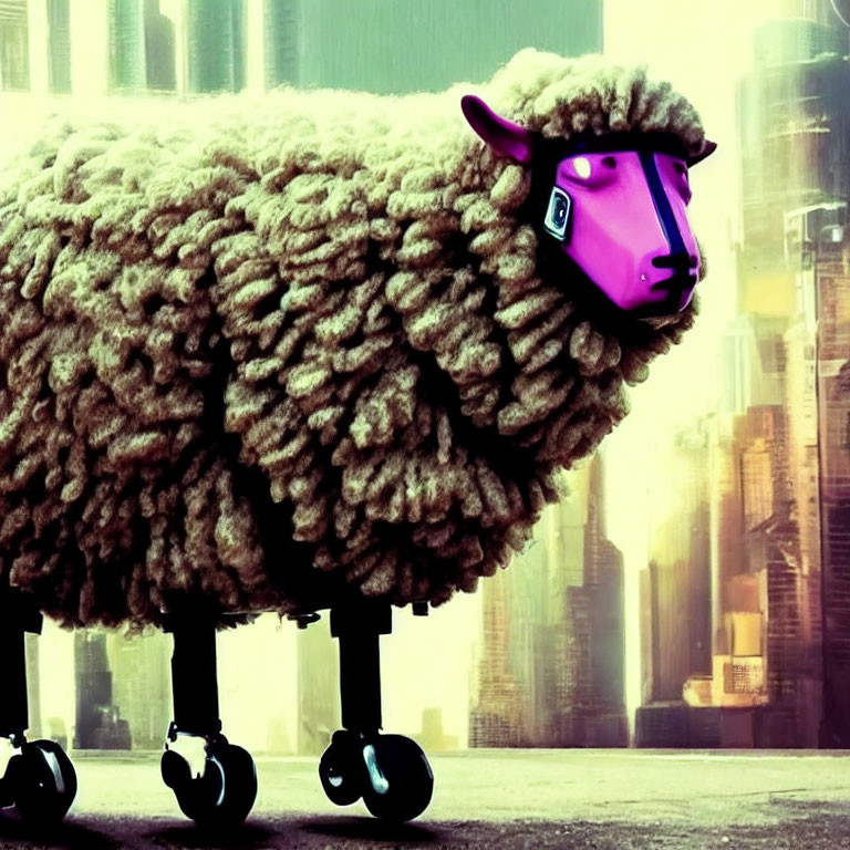 Surreal image: Sheep in purple face mask and roller skates in urban setting