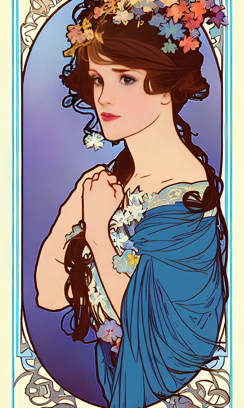 Woman with Long Brown Hair in Blue Dress and Floral Hair Adornments