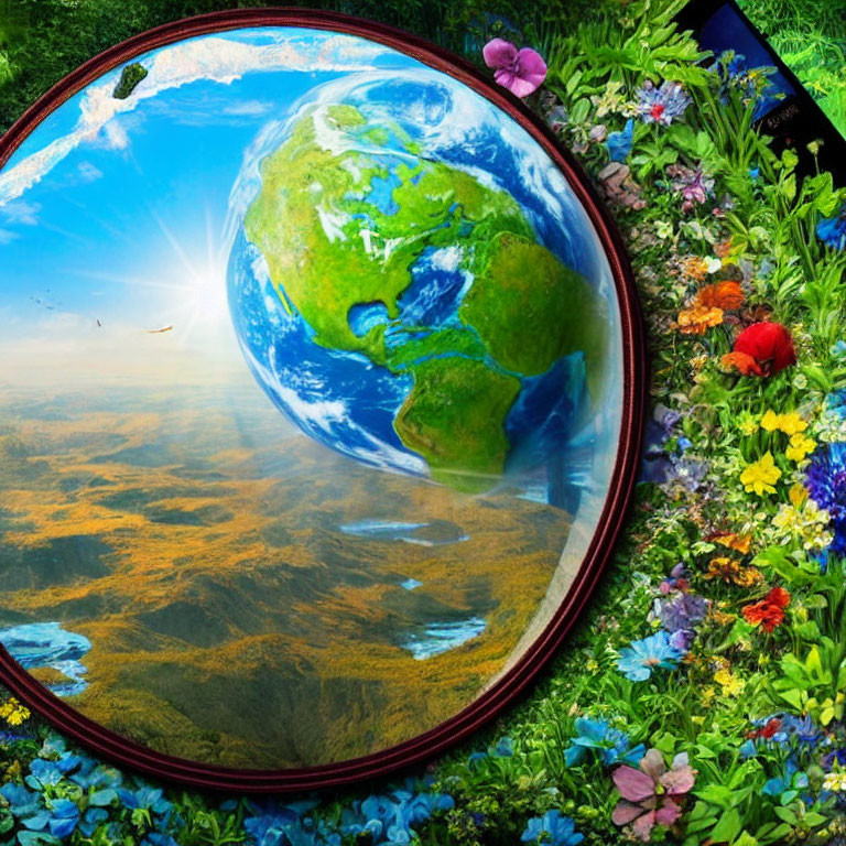 Composite image of Earth in round frame surrounded by flowers and greenery