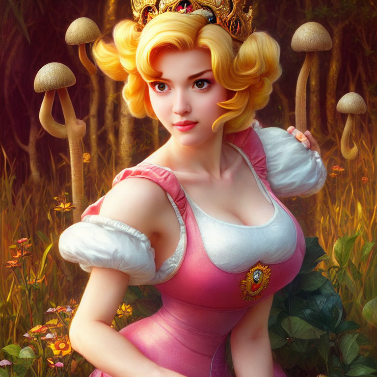 Blonde Princess in Pink and White Dress Surrounded by Forest and Mushrooms