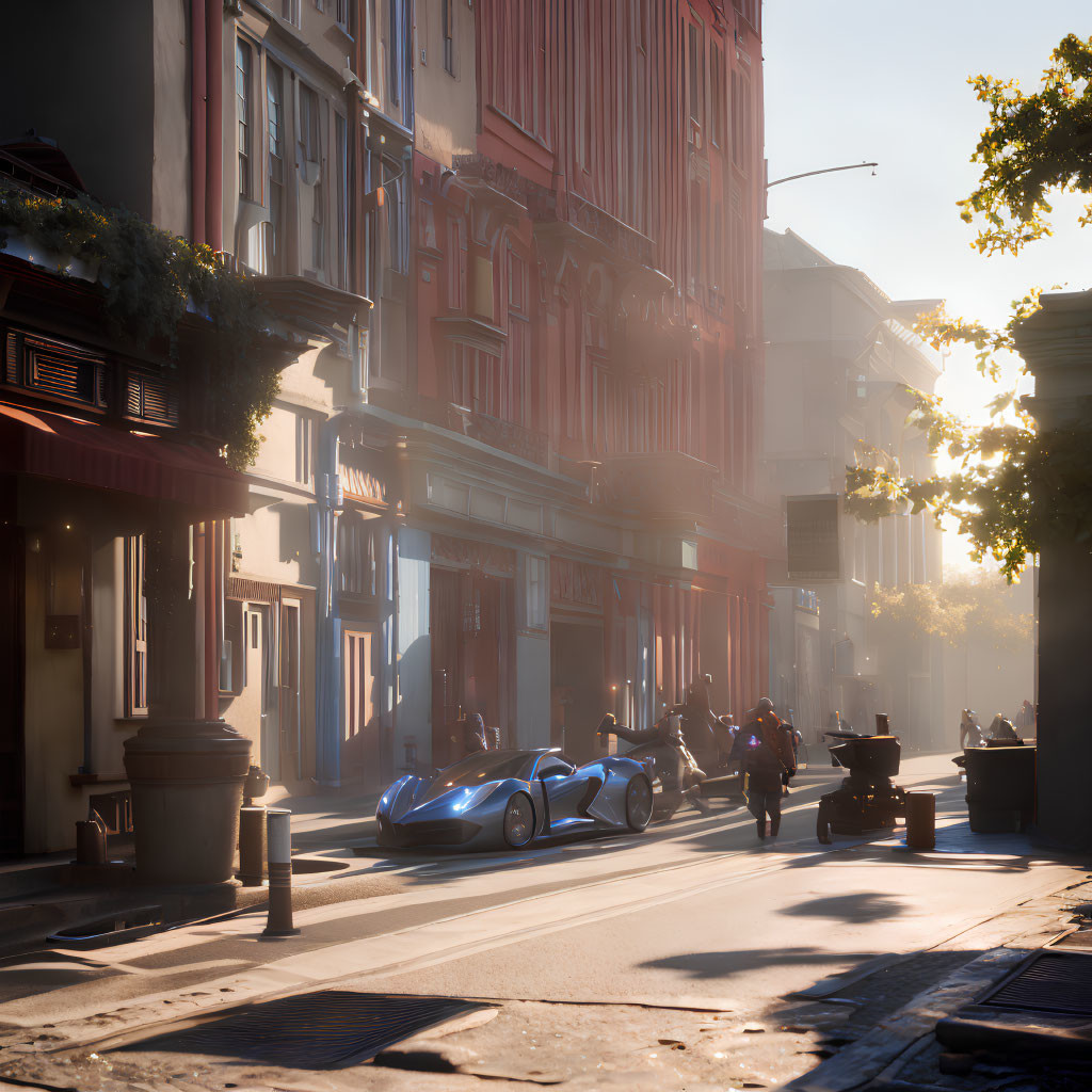 Futuristic blue car parked on quiet city street at dawn