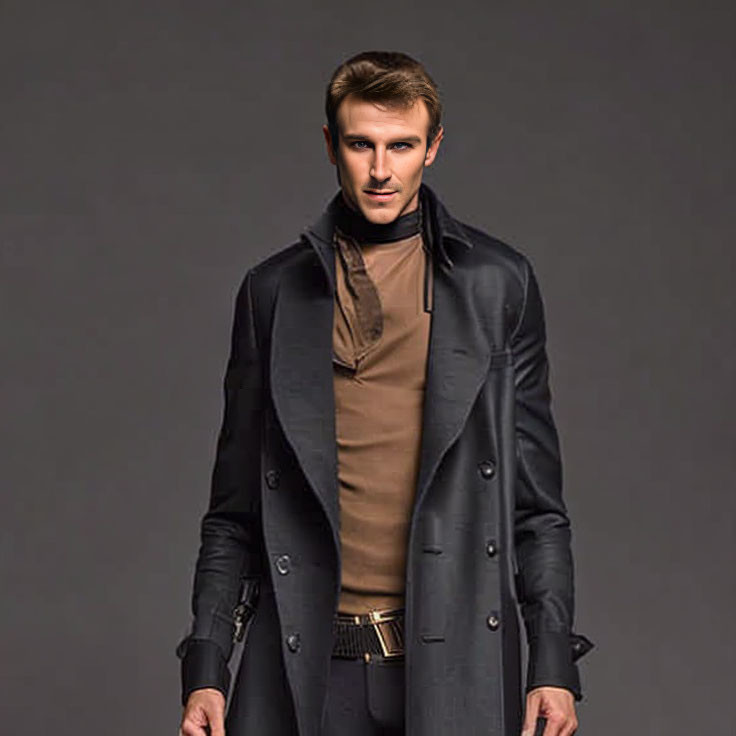 Stylish man in black overcoat and brown turtleneck outfit