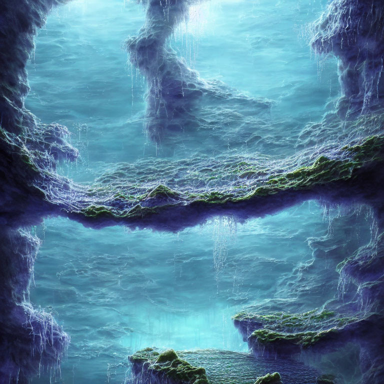 Mystical underwater cave with luminous blue light, rock formations, and cascading water.