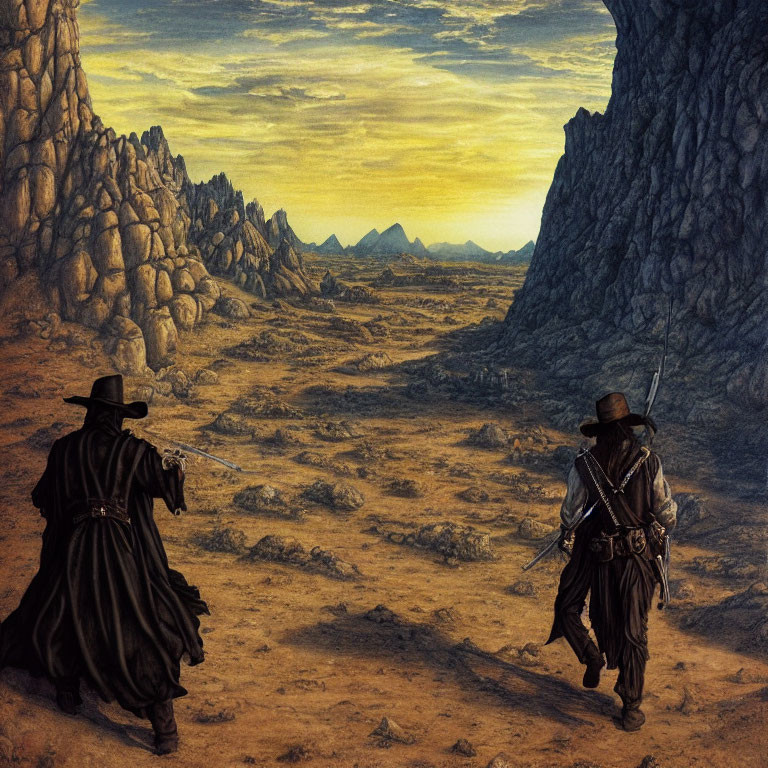 Armed Figures in Period Clothing Walk in Desert Landscape