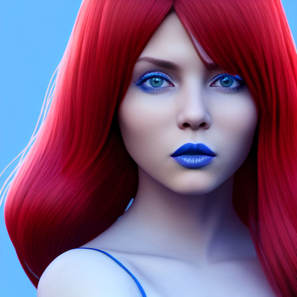 Vibrant red-haired woman with blue eyes and lipstick on cool blue backdrop