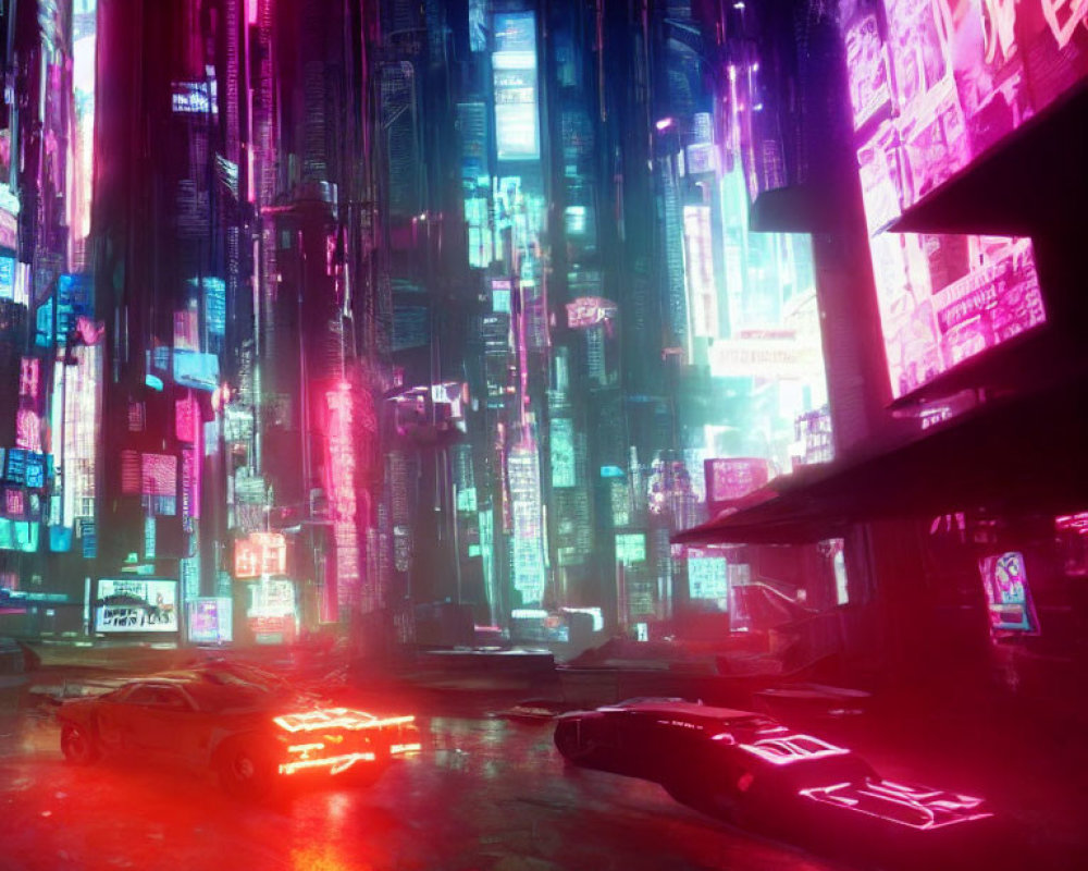 Futuristic neon-lit cityscape with flying cars and skyscrapers